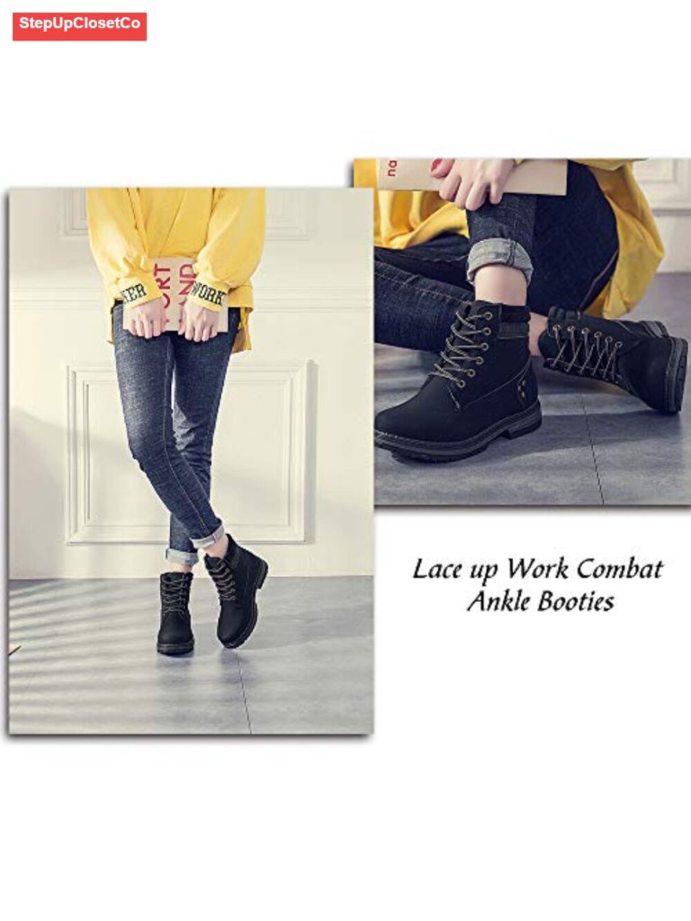 Women's Waterproof Lace-Up Hiking Combat Ankle Boots Low Heel Memory Foam - Picture 2 of 6